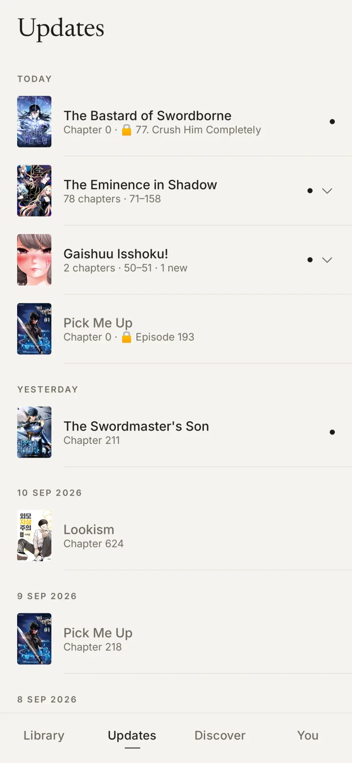 Mofu updates screen listing new chapters by day