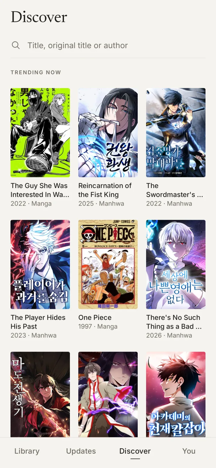 Discover tab with trending titles