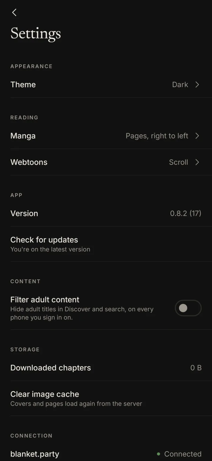 Settings in dark mode